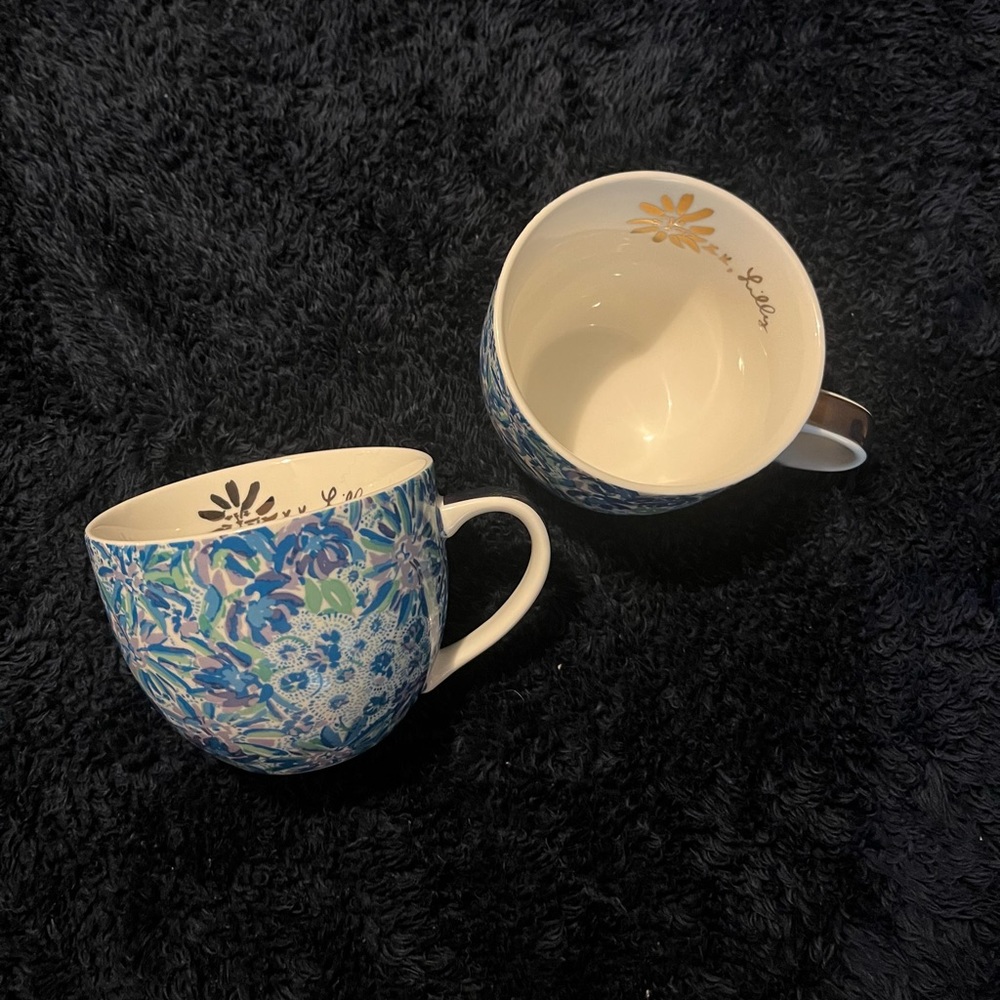 Lilly Pulitzer 12 Ounce Blue Ceramic Coffee Mugs or Tea Cups with Gold Handle